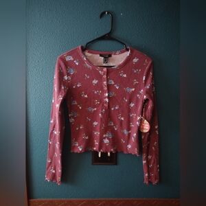 NEW Forever 21 Moody Burgundy With Blue Flowers Knit Long Sleeve Henley Top